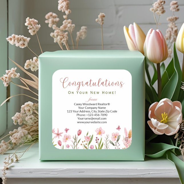 Pegatina Cuadrada Felicitaciones personalizadas Realtor Floral (Subido por el creador)