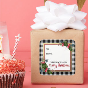 Pegatina Cuadrada Feliciz Navidad Búfalo Check Acuarela Acebo