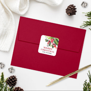 Pegatina Cuadrada Feliciz Navidad Monograma de Vegetación Acuarela R