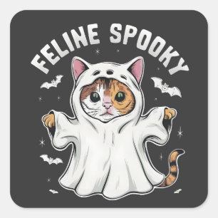 Pegatina Cuadrada Feline Spooky Funny Spooky Fantasma Gato Halloween