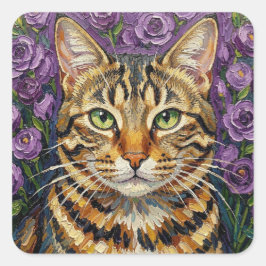 Pegatina Cuadrada Felino y floral | Gato atigrado gris artístico lin