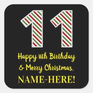 Pegatina Cuadrada Feliz 11º cumpleaños y Feliz Navidad, nombre perso