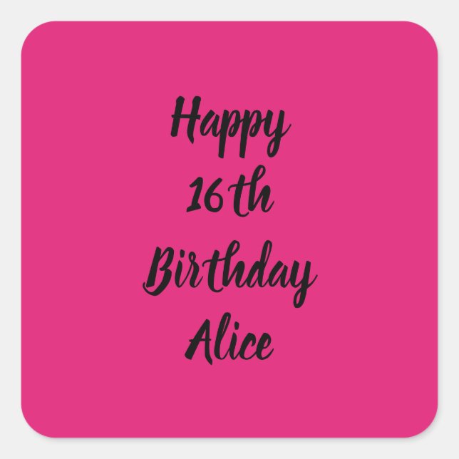 Pegatina Cuadrada Feliz 16º cumpleaños Pink Black Custom Name Girly  (Anverso)