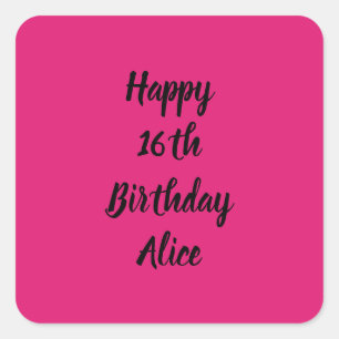 Pegatina Cuadrada Feliz 16º cumpleaños Pink Black Custom Name Girly