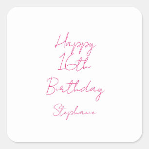 Pegatina Cuadrada Feliz 16º cumpleaños, Pink White, 16º 2024