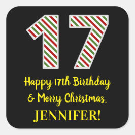 Pegatina Cuadrada Feliz 17 cumpleaños y Feliz Navidad, nombre person