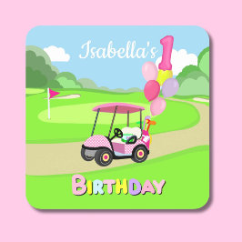 Pegatina Cuadrada Feliz 1er cumpleaños Polka Dot Pink Girly Golf