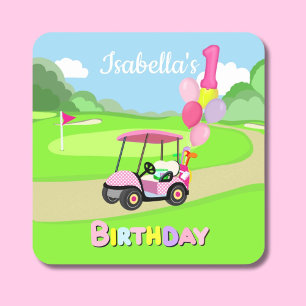Pegatina Cuadrada Feliz 1er cumpleaños Polka Dot Pink Girly Golf
