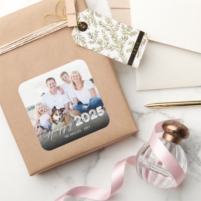 Pegatina Cuadrada Feliz 2025 Año Nuevo Valiente y con Pincel Foto Fi (Regalar)