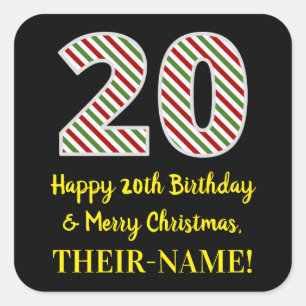 Pegatina Cuadrada Feliz 20 cumpleaños y Feliz Navidad, nombre person