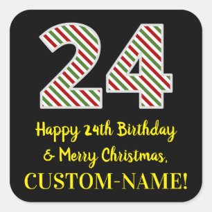 Pegatina Cuadrada Feliz 24 cumpleaños y Feliz Navidad, nombre person