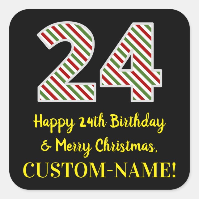 Pegatina Cuadrada Feliz 24 cumpleaños y Feliz Navidad, nombre person (Anverso)