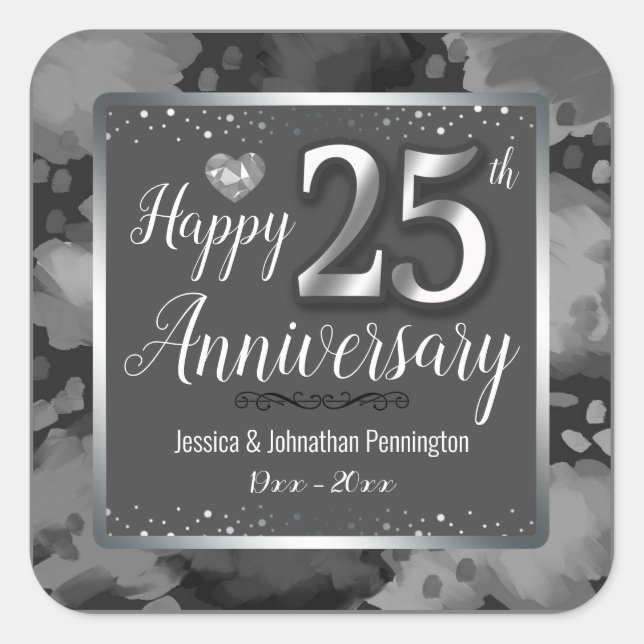 Pegatina Cuadrada Feliz 25° Aniversario Boda (Anverso)