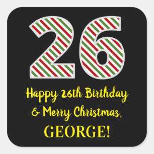 Pegatina Cuadrada Feliz 26º cumpleaños y Feliz Navidad, nombre perso