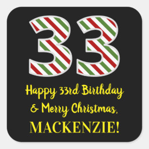 Pegatina Cuadrada Feliz 33 cumpleaños y Feliz Navidad, nombre person