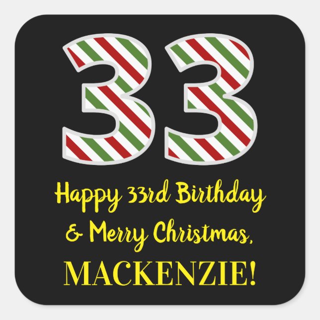 Pegatina Cuadrada Feliz 33 cumpleaños y Feliz Navidad, nombre person (Anverso)