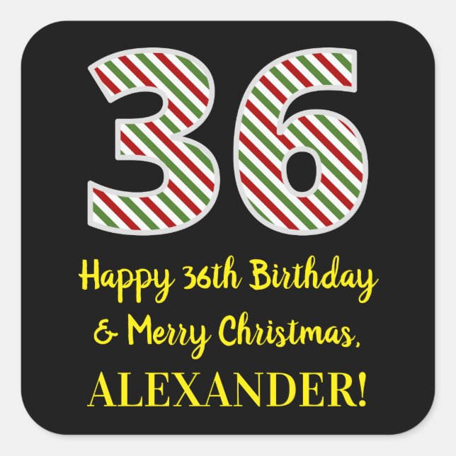 Pegatina Cuadrada Feliz 36º cumpleaños y Feliz Navidad, nombre perso (Anverso)