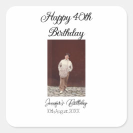 Pegatina Cuadrada Feliz 40 cumpleaños foto simple moderno mínimo