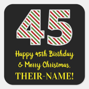 Pegatina Cuadrada Feliz 45º cumpleaños y Feliz Navidad, nombre perso