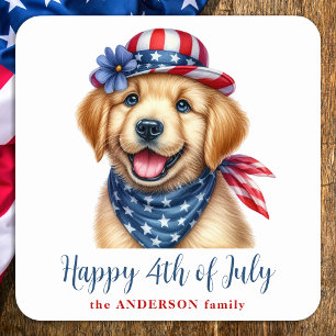 Pegatina Cuadrada Feliz 4 de julio, Patriotic Puppy Golden Retriever