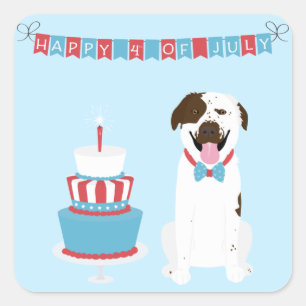 Pegatina Cuadrada Feliz 4 de julio Perro Rojo Azul Blanco