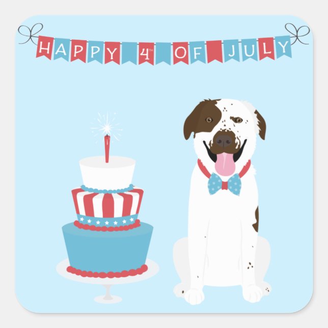 Pegatina Cuadrada Feliz 4 de julio Perro Rojo Azul Blanco (Anverso)
