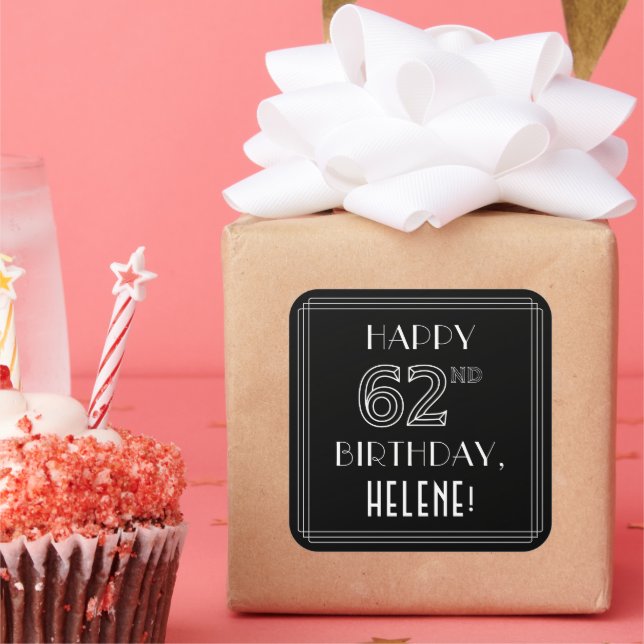 Pegatina Cuadrada FELIZ 62º CUMPLEAÑOS; Estilo Art Deco; Nombre Pers (Fiesta)