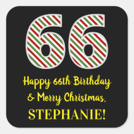 Pegatina Cuadrada Feliz 66º cumpleaños y Feliz Navidad, nombre perso