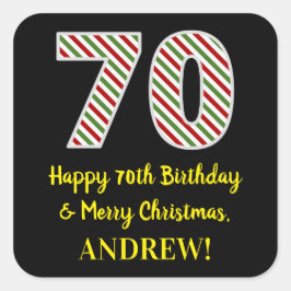 Pegatina Cuadrada Feliz 70 cumpleaños y Feliz Navidad, nombre person