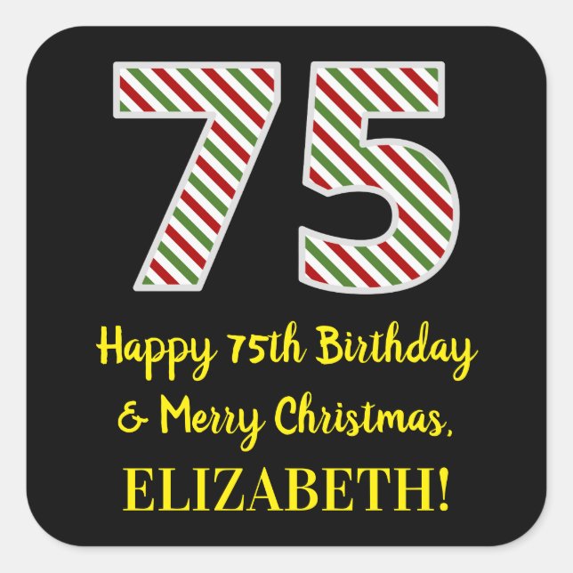Pegatina Cuadrada Feliz 75º cumpleaños y Feliz Navidad, nombre perso (Anverso)