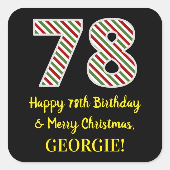Pegatina Cuadrada Feliz 78º cumpleaños y Feliz Navidad, nombre perso (Anverso)