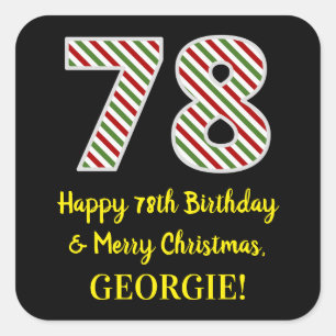 Pegatina Cuadrada Feliz 78º cumpleaños y Feliz Navidad, nombre perso