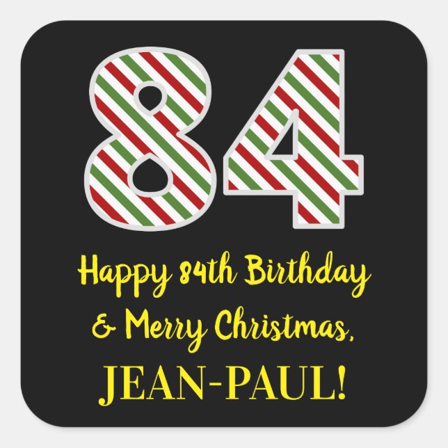 Pegatina Cuadrada Feliz 84º cumpleaños y Feliz Navidad, nombre perso (Anverso)