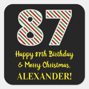 Pegatina Cuadrada Feliz 87º cumpleaños y Feliz Navidad, nombre perso
