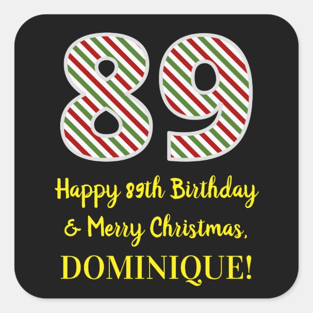 Pegatina Cuadrada Feliz 89º cumpleaños y Feliz Navidad, nombre perso (Anverso)