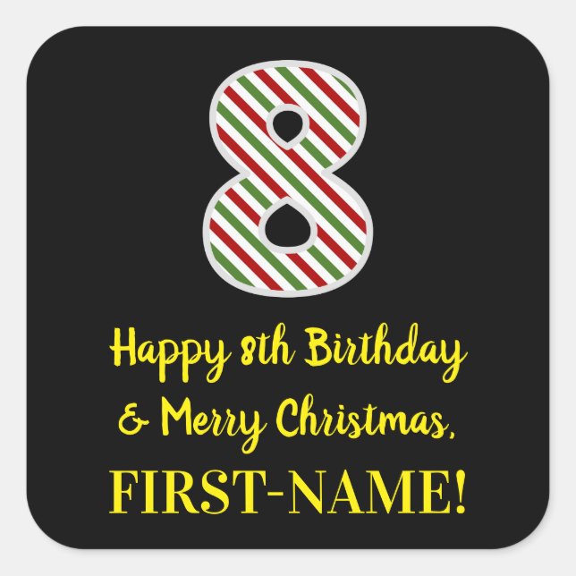 Pegatina Cuadrada Feliz 8 cumpleaños y Feliz Navidad, nombre persona (Anverso)
