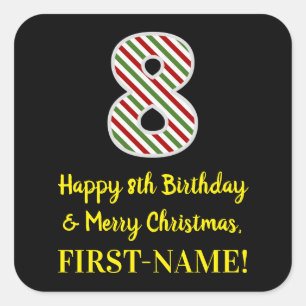 Pegatina Cuadrada Feliz 8 cumpleaños y Feliz Navidad, nombre persona