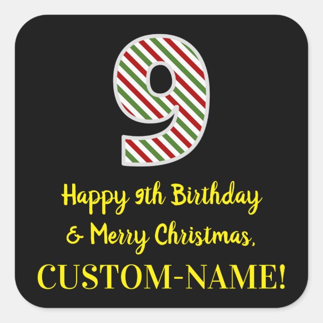 Pegatina Cuadrada Feliz 9 cumpleaños y Feliz Navidad, nombre persona (Anverso)