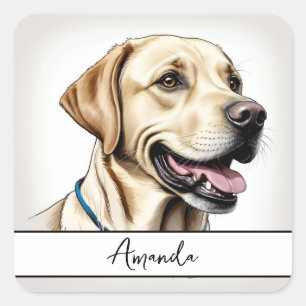Pegatina Cuadrada Feliz Acercamiento Amarillo a Labrador Recuperador