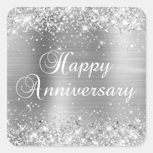 Pegatina Cuadrada Feliz Aniversario de Hoja de Plata Brillante (Anverso)