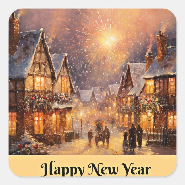 Pegatina Cuadrada Feliz Año Nuevo (Anverso)