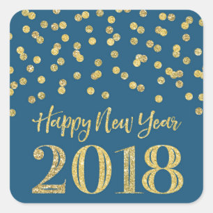 Pegatina Cuadrada Feliz Año Nuevo 2018 del confeti azul del