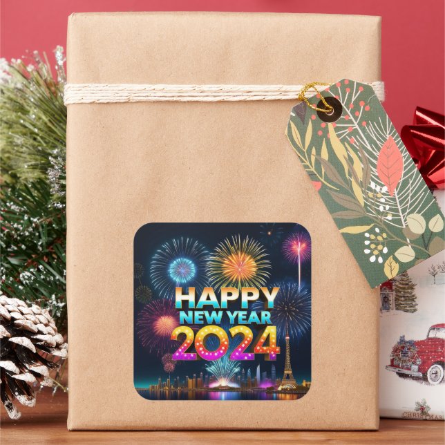 Pegatina Cuadrada Feliz Año Nuevo 2024 (Vacaciones)