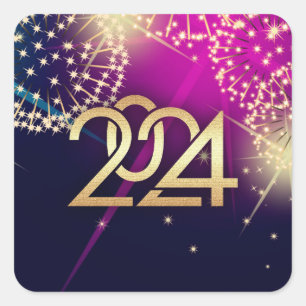 Pegatina Cuadrada Feliz Año Nuevo 2024. Diseño de fuegos artificiale