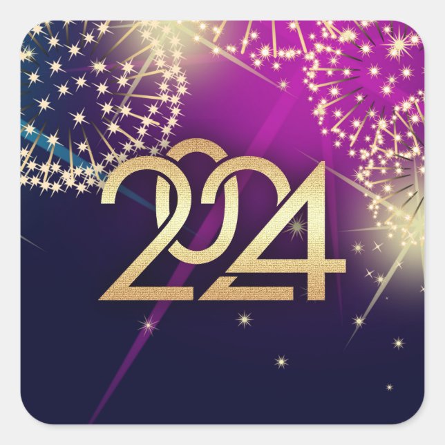 Pegatina Cuadrada Feliz Año Nuevo 2024. Diseño de fuegos artificiale (Anverso)