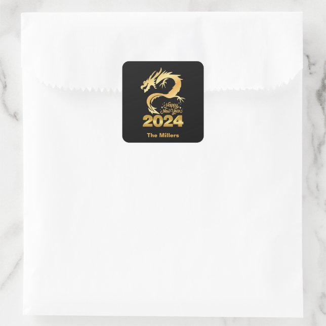 Pegatina Cuadrada Feliz Año Nuevo 2024 Dragón chino dorado negro (Bolso)