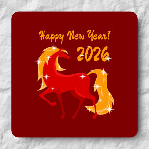 Pegatina Cuadrada Feliz Año Nuevo 2026, caballo de bomberos, zodiaco