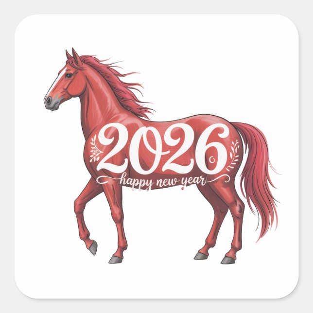 Pegatina Cuadrada Feliz Año Nuevo 2026, caballo rojo chino (Anverso)