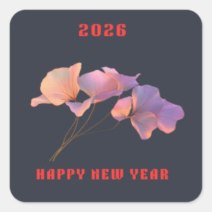 Pegatina Cuadrada Feliz Año Nuevo 2026 Ilustración Flor de Loto Rosa
