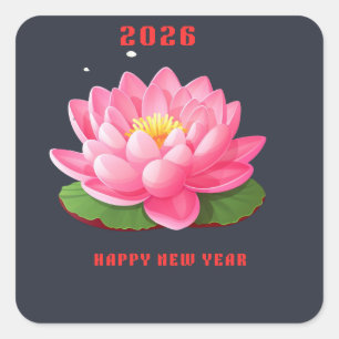Pegatina Cuadrada Feliz Año Nuevo 2026 Ilustración Flor de Loto Rosa